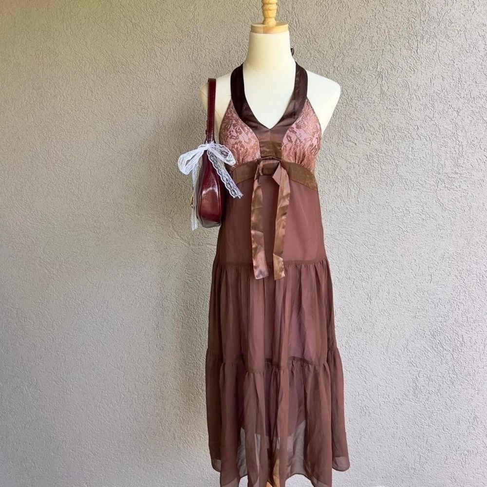 Y2K Limited Too Brown Pink Halter Midi Dress Fits Size XS Fairy Cottage Boho